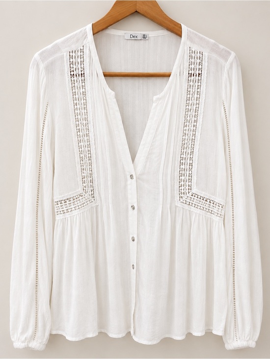 Dex Tops - Dex White Lace Trim Button Front Boho Peasant Blouse Large